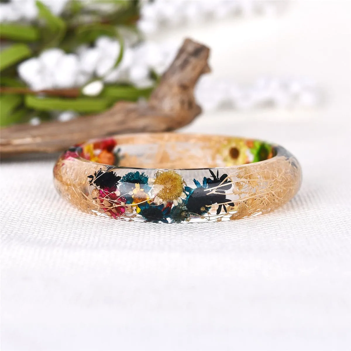 Pink & Navy Dried Floral Resin Bangle