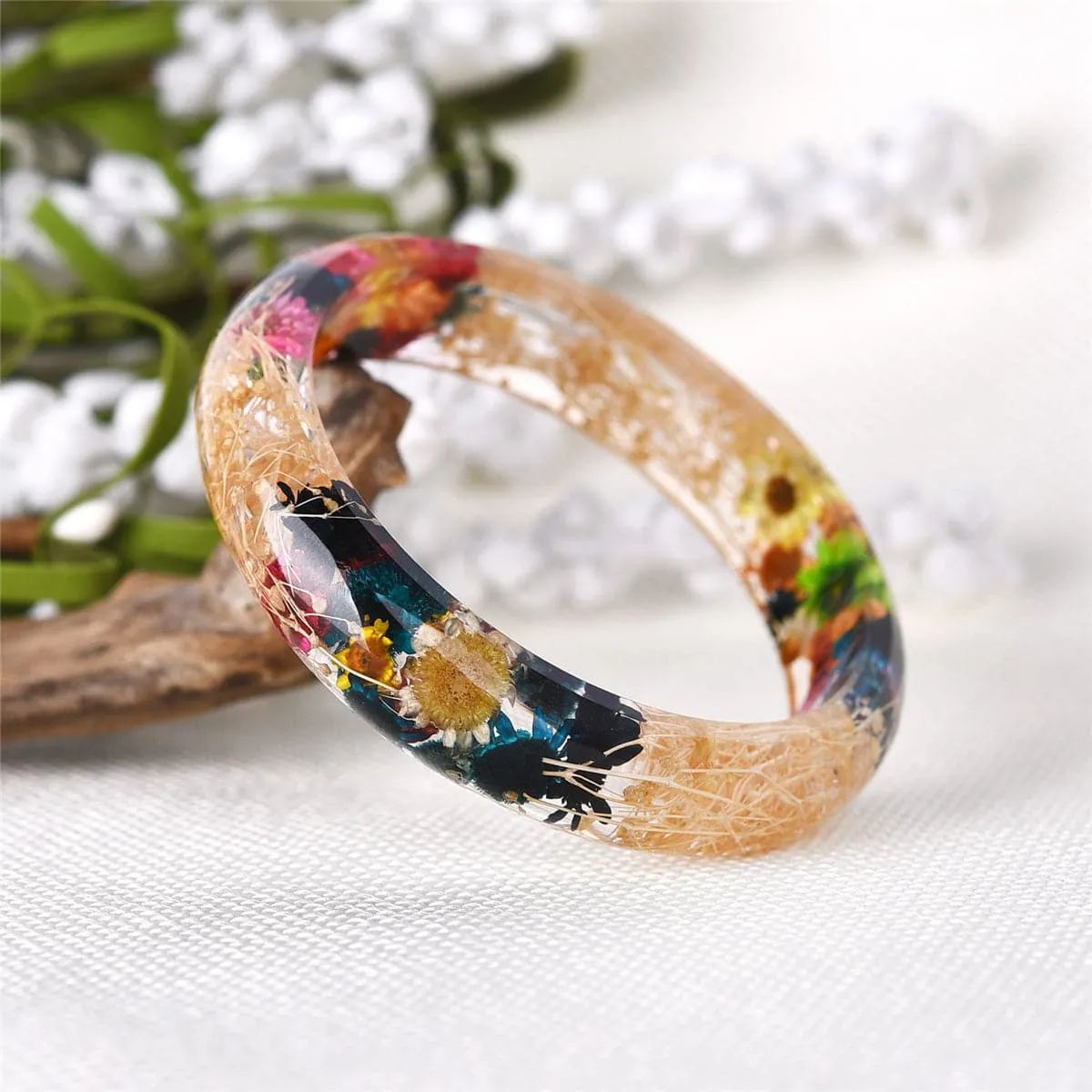 Pink & Navy Dried Floral Resin Bangle