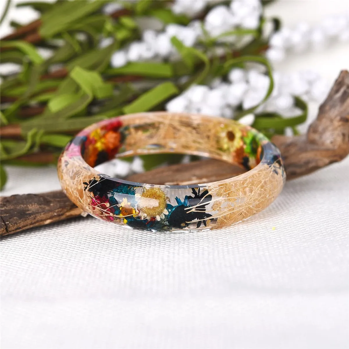 Pink & Navy Dried Floral Resin Bangle