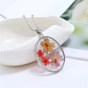 Pink & Red Pressed Flower Oval Pendant Necklace