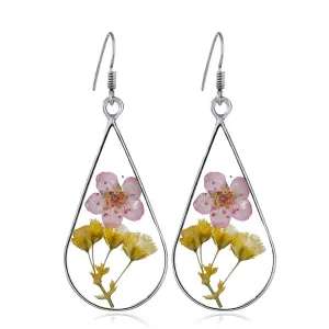 Pink & Yellow Pressed Peach Flower Silver-Plated Drop Earrings