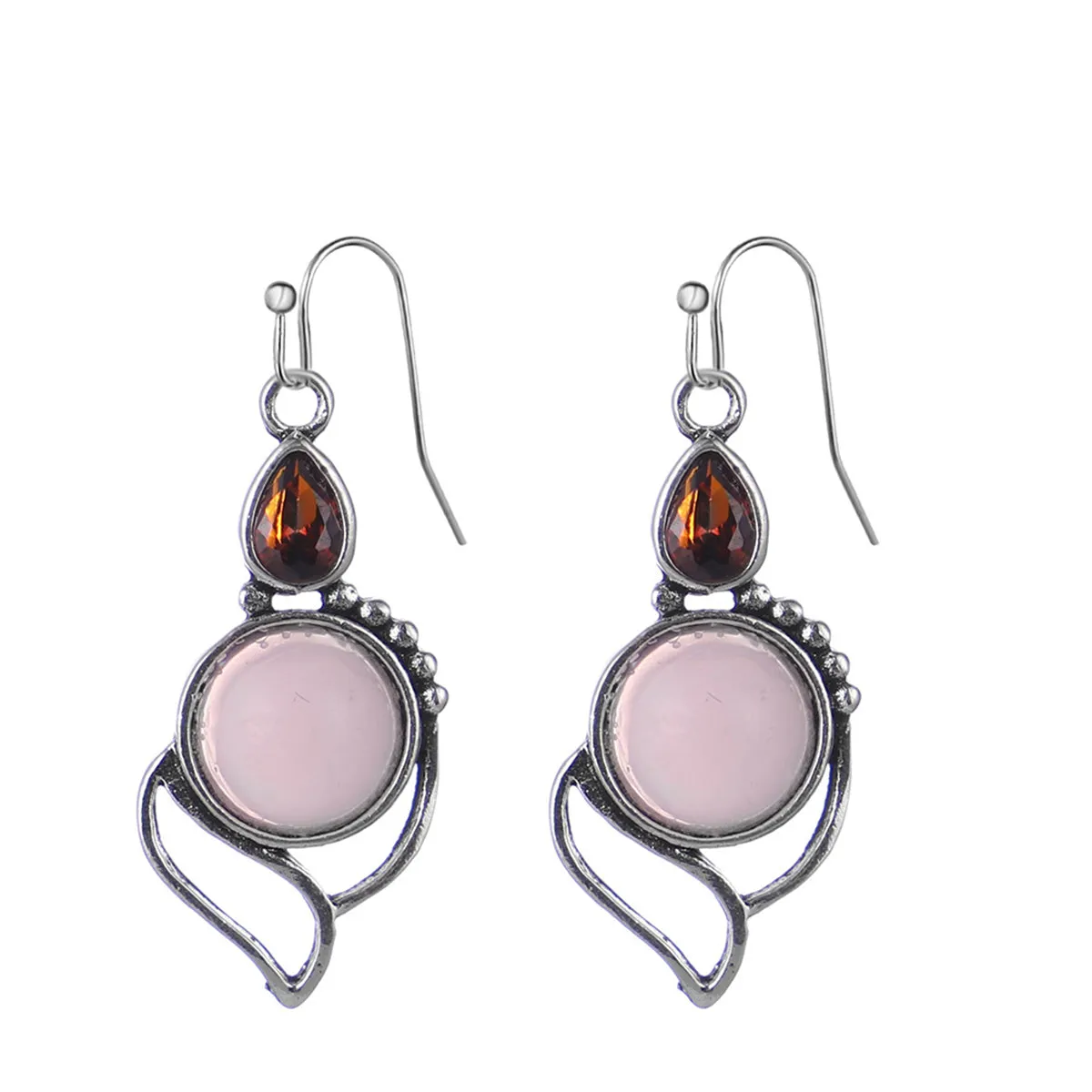 Pink Cat's Eye & Red Crystal Silver-Plated Drop Earrings