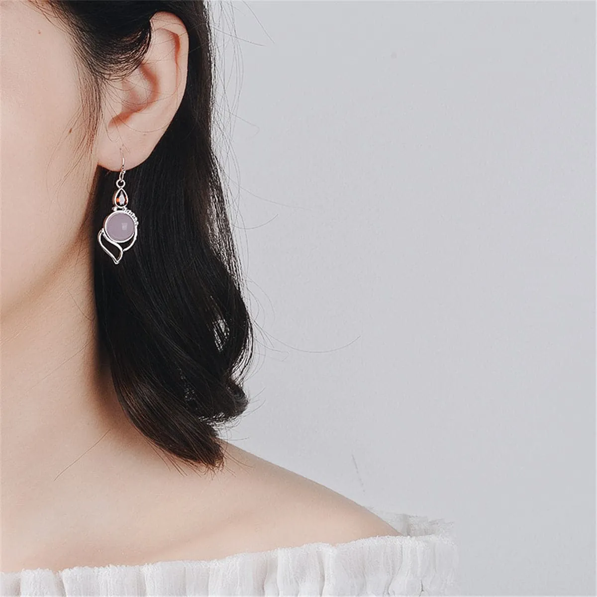 Pink Cat's Eye & Red Crystal Silver-Plated Drop Earrings