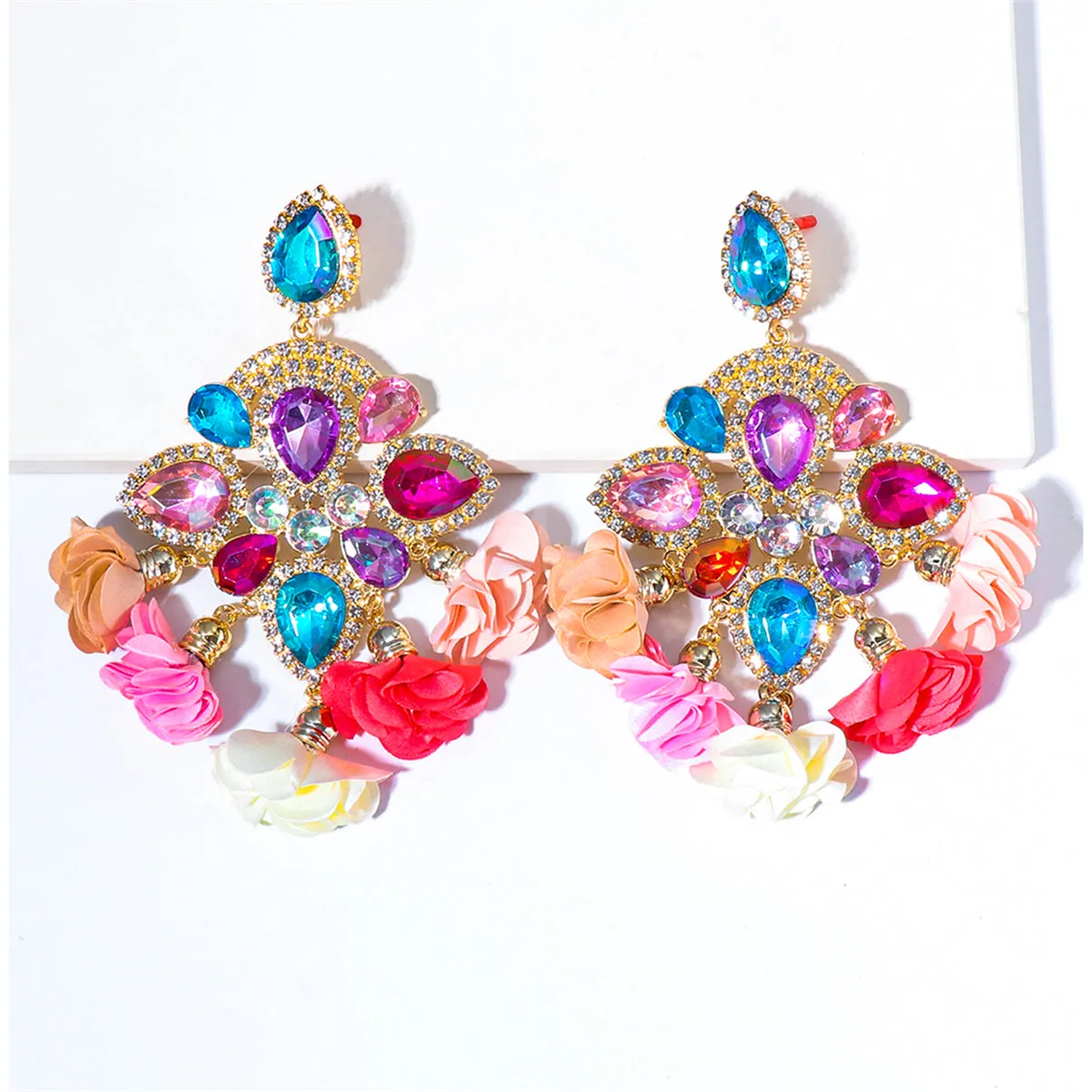Pink Crystal & 18K Gold-Plated Multicolor Floral Tassel Drop Earrings