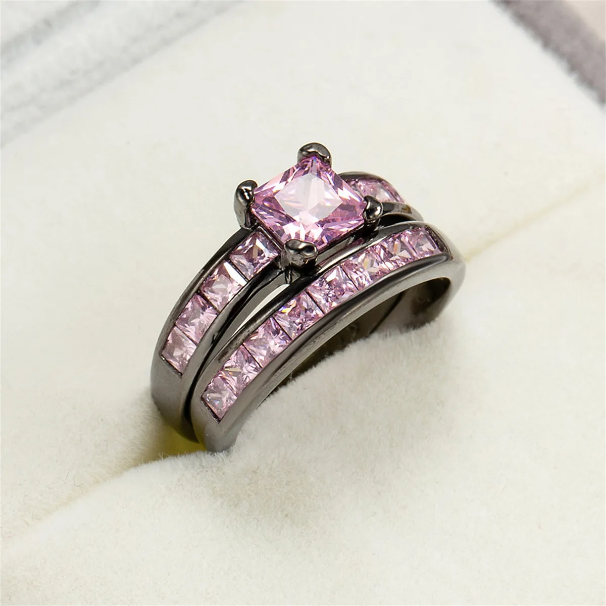Pink Crystal & Black Stacking Ring Set