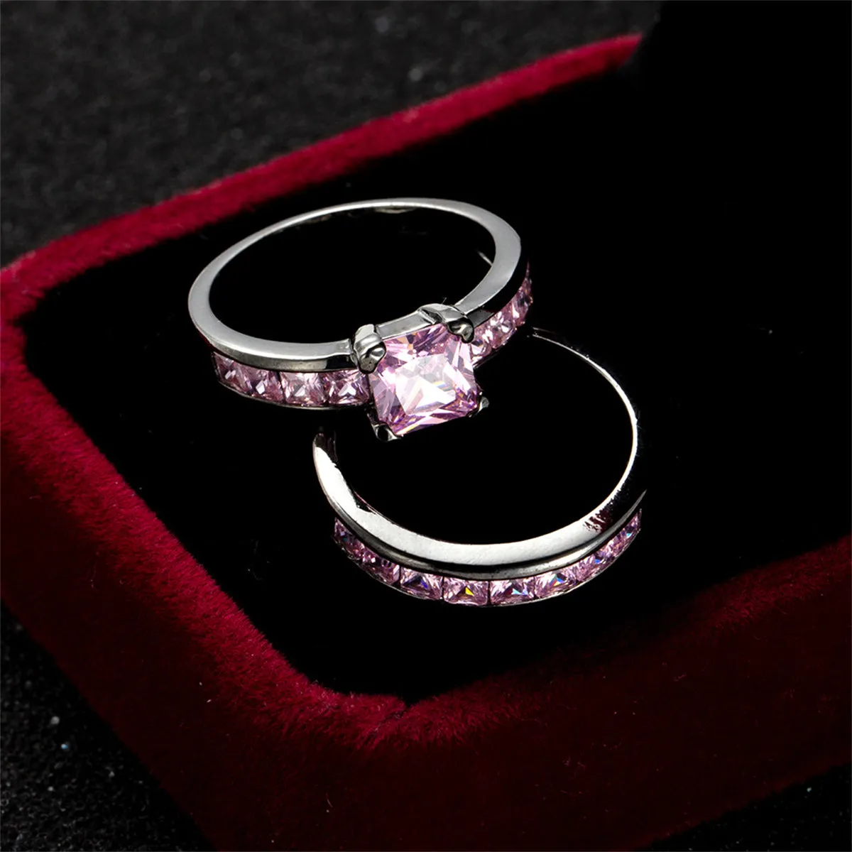 Pink Crystal & Black Stacking Ring Set