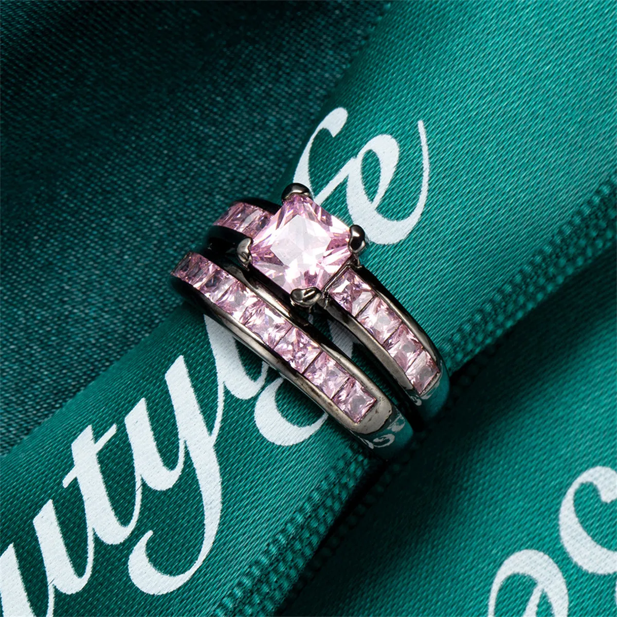 Pink Crystal & Black Stacking Ring Set