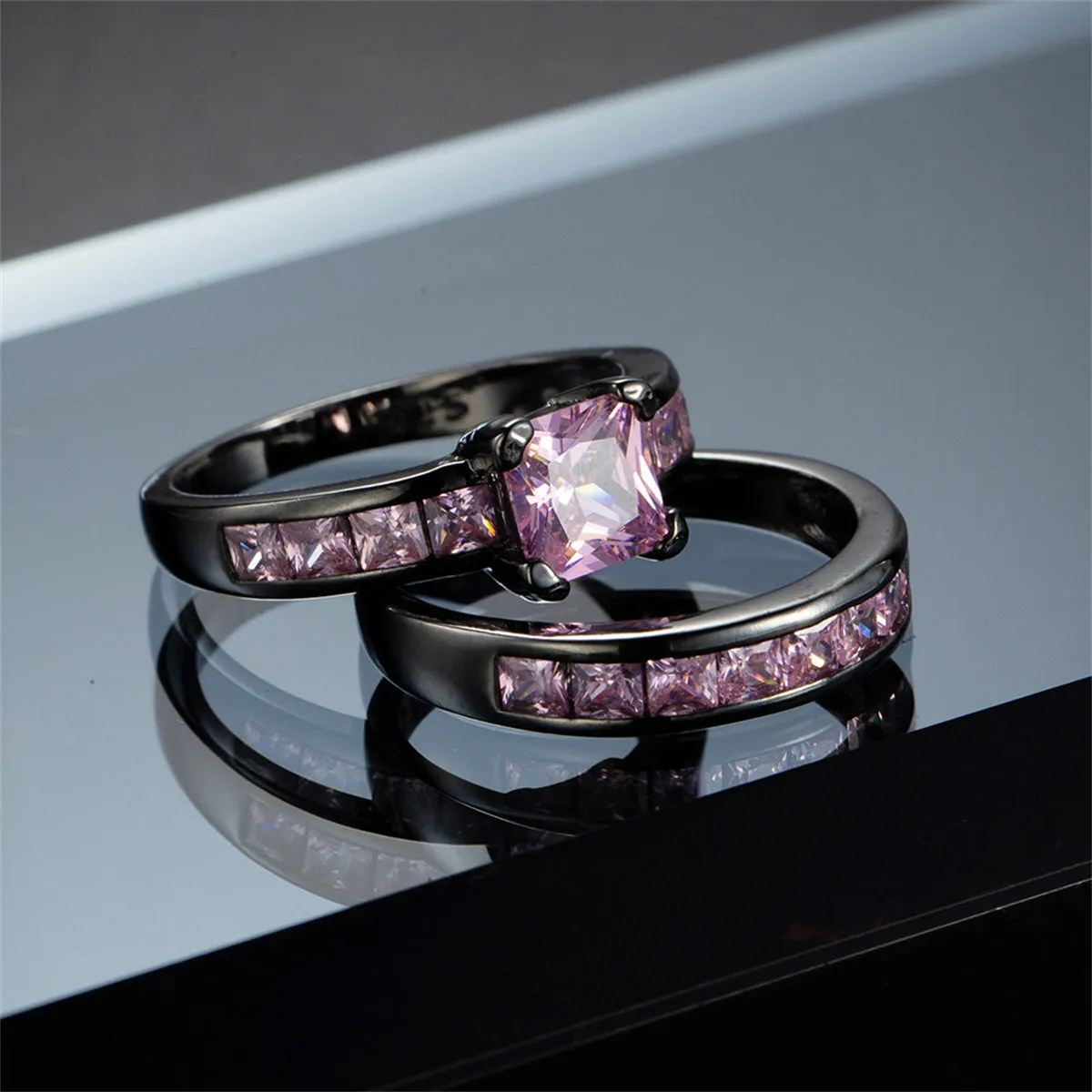 Pink Crystal & Black Stacking Ring Set