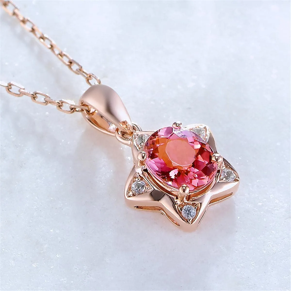 Pink Crystal & Cubic Zirconia Star Pendant Necklace