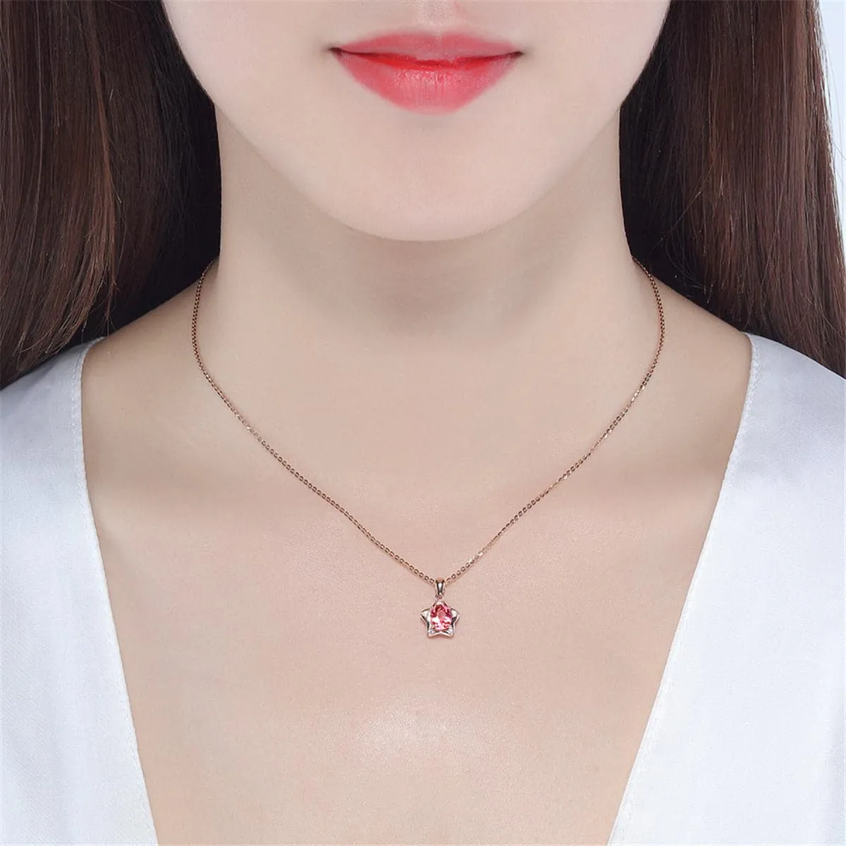 Pink Crystal & Cubic Zirconia Star Pendant Necklace