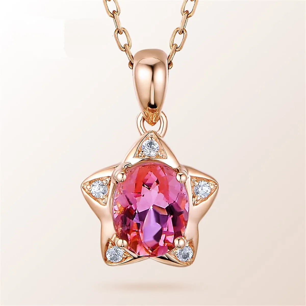 Pink Crystal & Cubic Zirconia Star Pendant Necklace