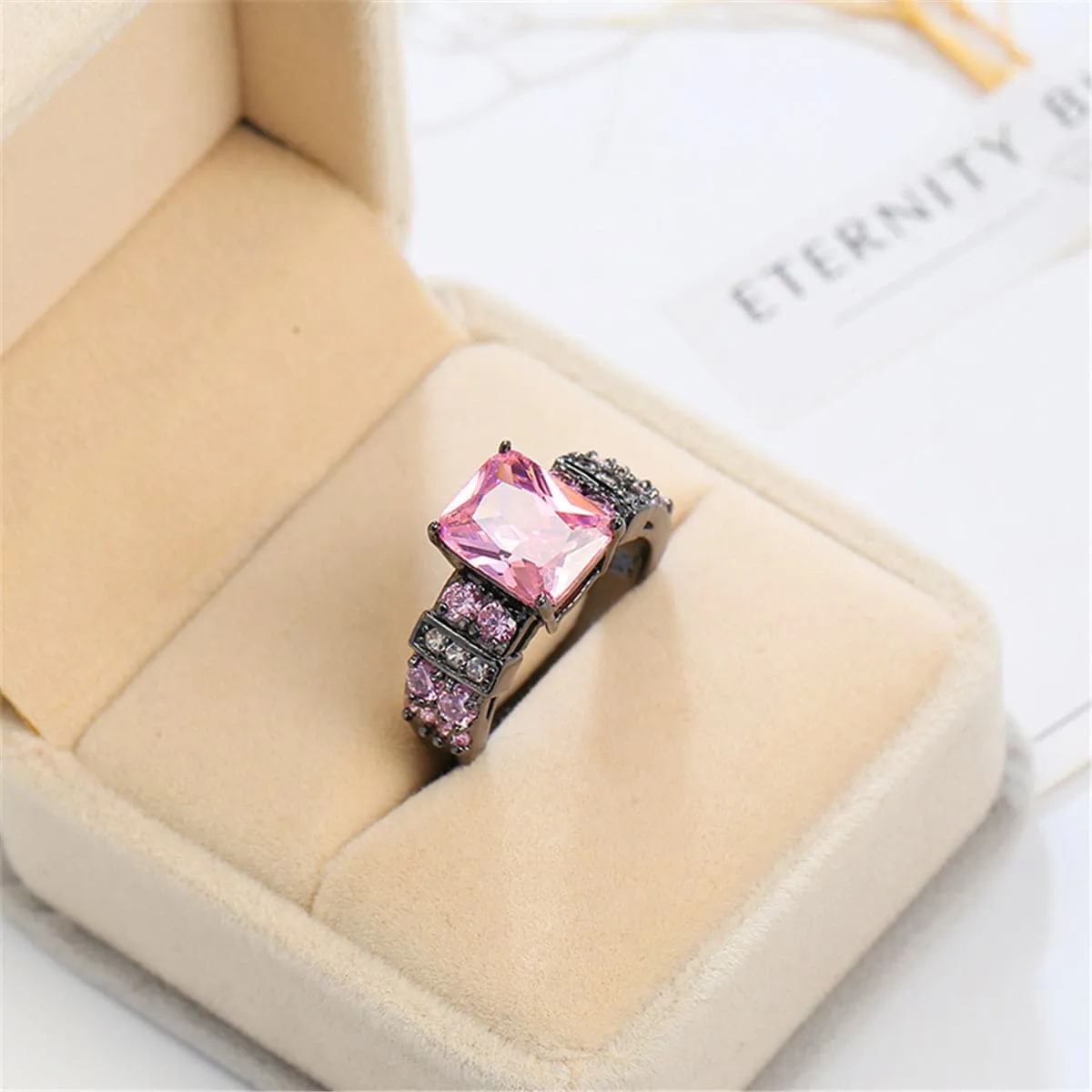 Pink Crystal & Rhodium-Plated Rectangle Ring