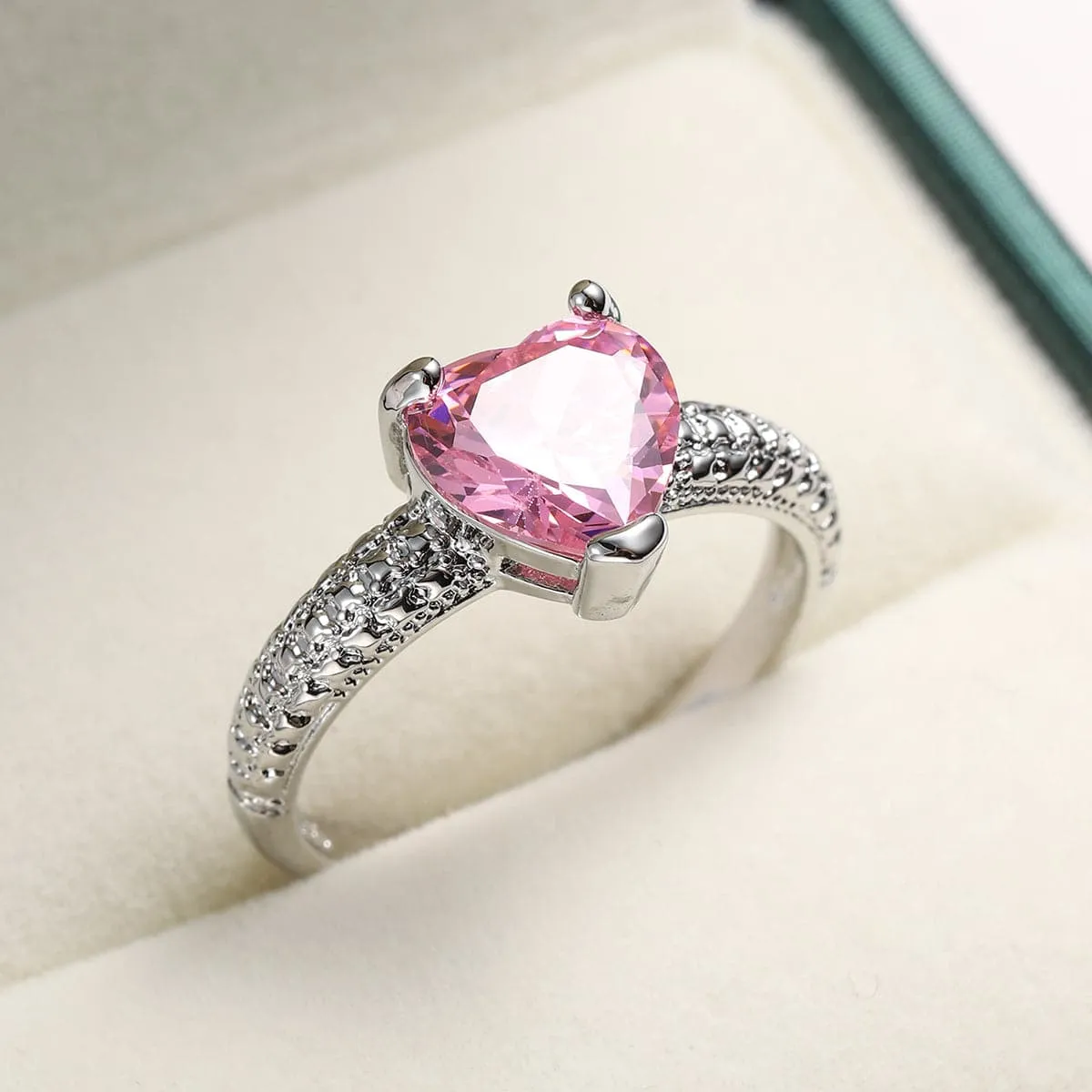 Pink Crystal & Silver-Plated Heart Ring