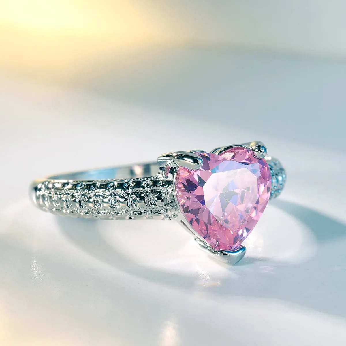 Pink Crystal & Silver-Plated Heart Ring