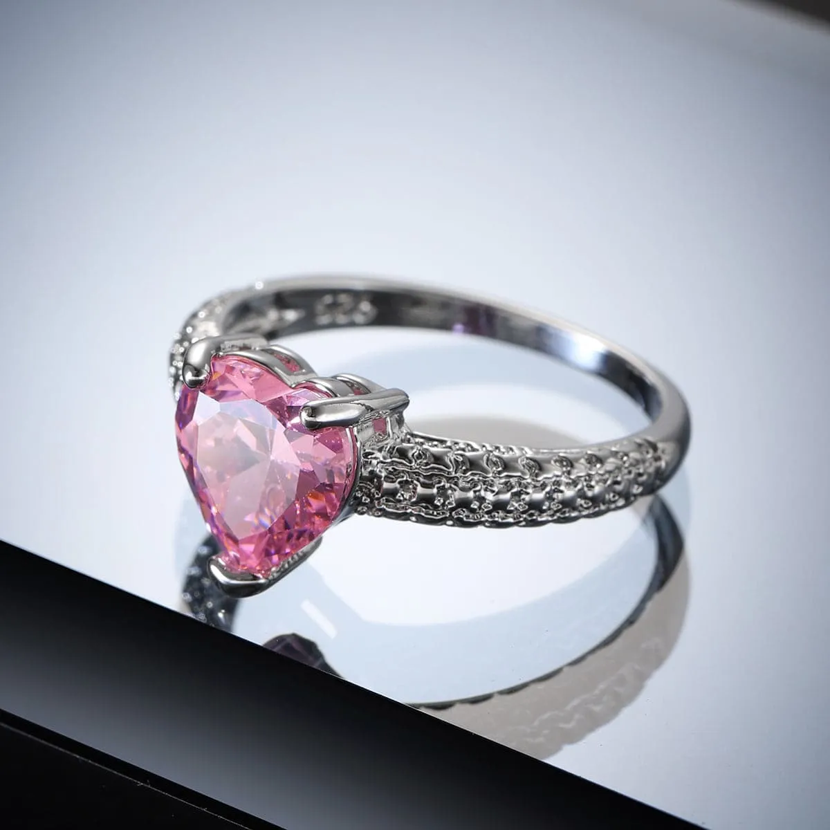 Pink Crystal & Silver-Plated Heart Ring