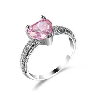 Pink Crystal & Silver-Plated Heart Ring