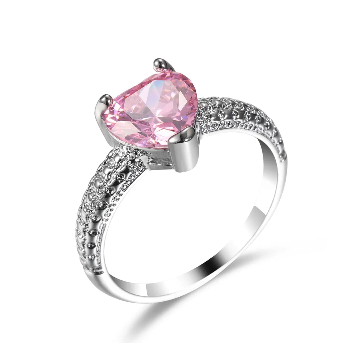 Pink Crystal & Silver-Plated Heart Ring
