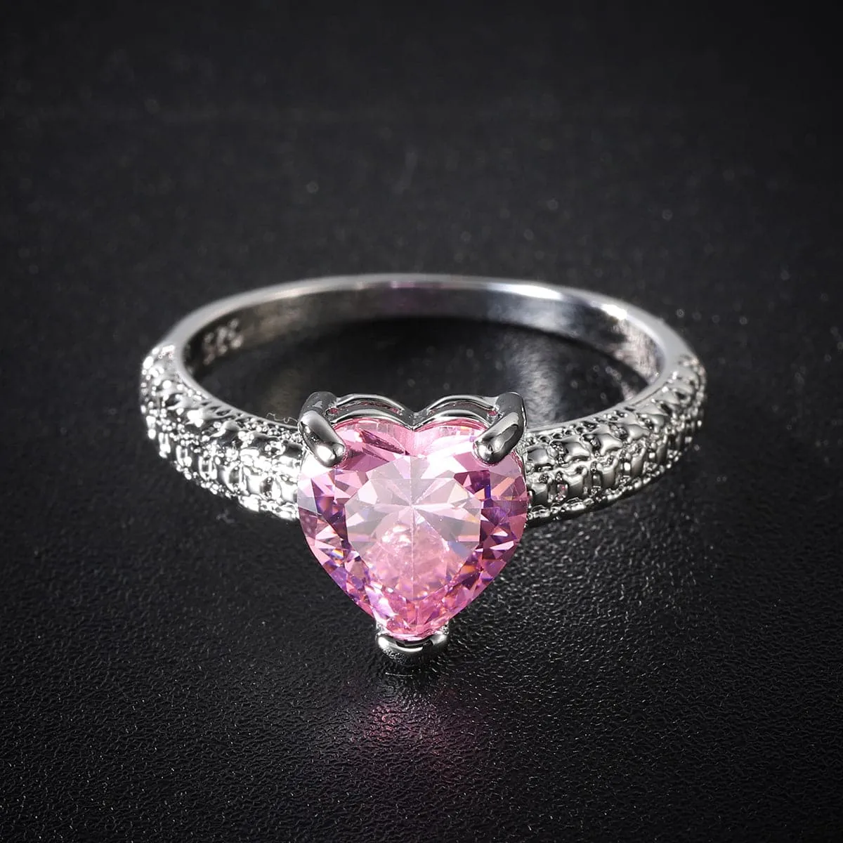 Pink Crystal & Silver-Plated Heart Ring