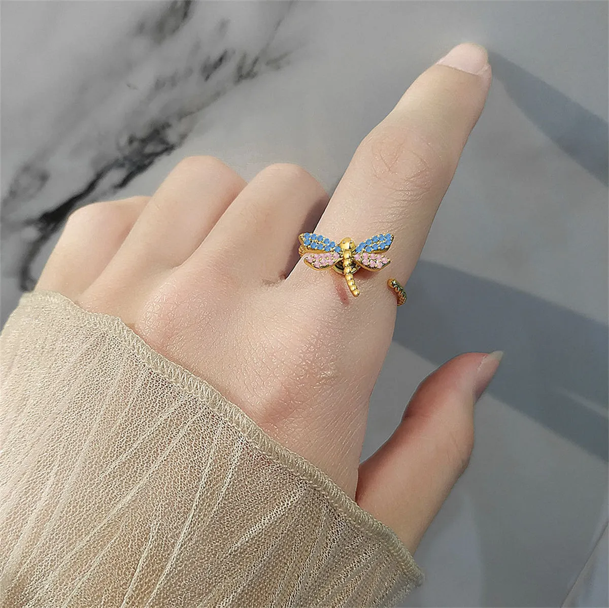 Pink Cubic Zirconia & 18K Gold-Plated Rotating Dragonfly Open Ring