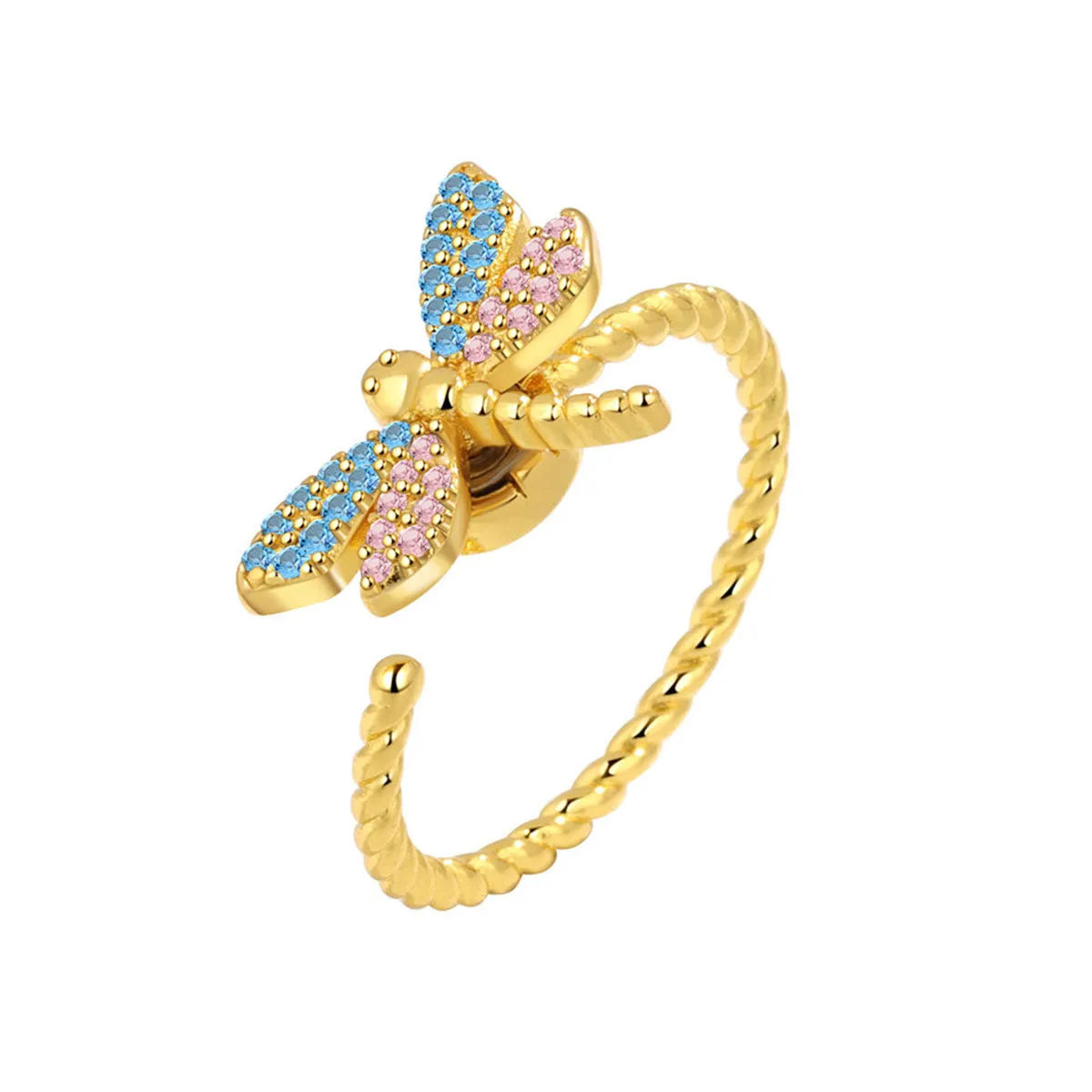 Pink Cubic Zirconia & 18K Gold-Plated Rotating Dragonfly Open Ring