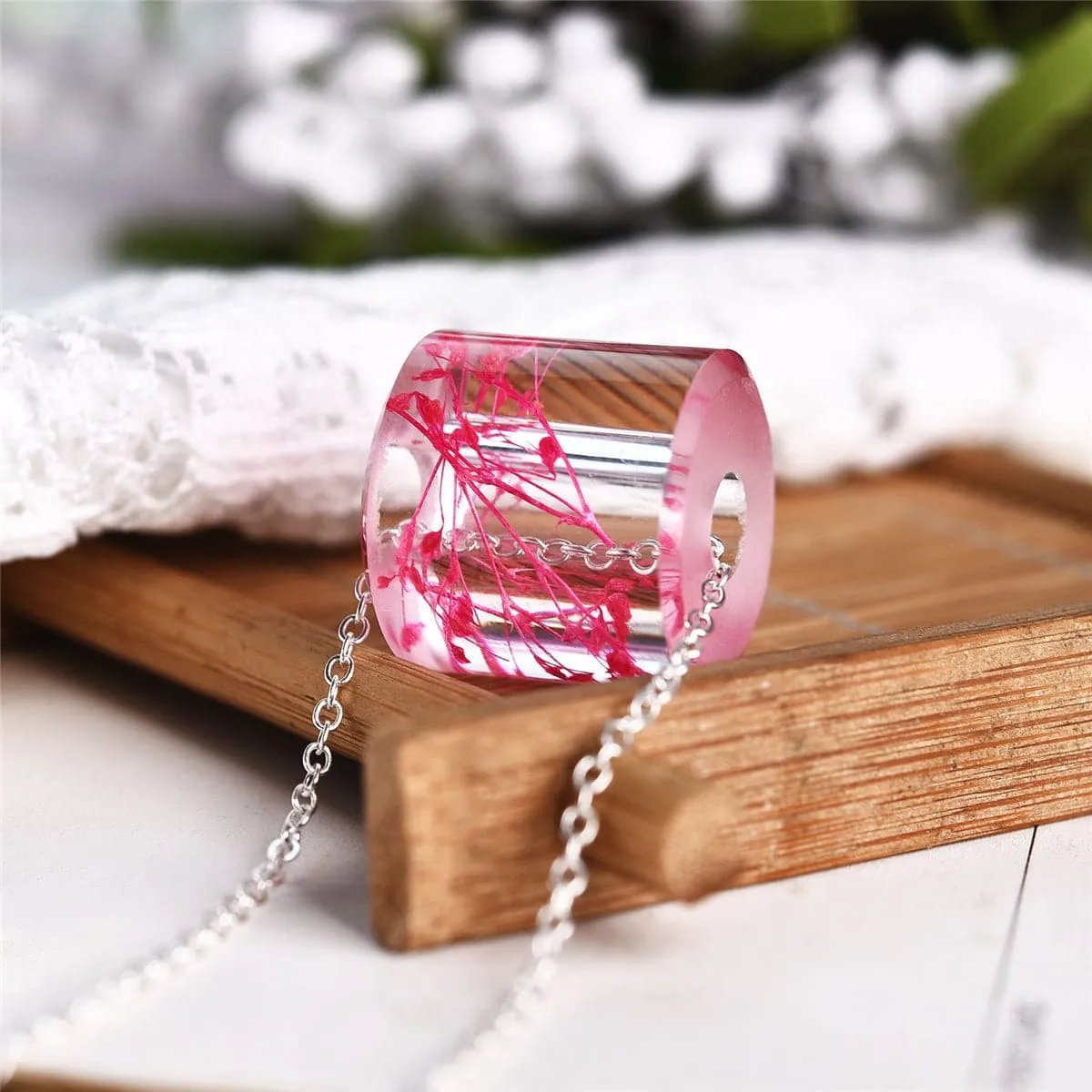 Pink Dried Flower & Silver-Plated Cylinder Pendant Necklace