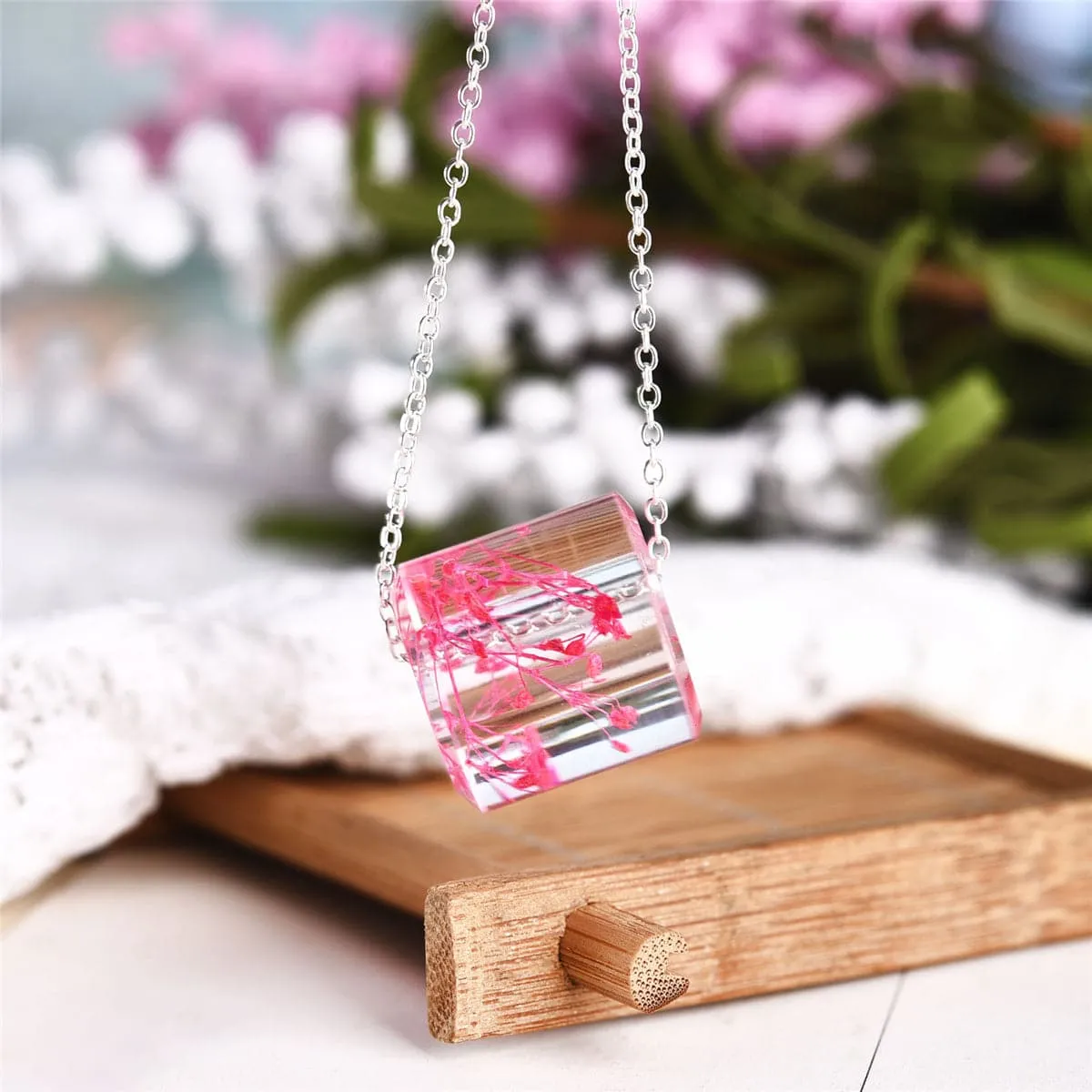 Pink Dried Flower & Silver-Plated Cylinder Pendant Necklace