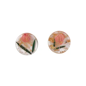 Pink Flower & Silver-Plated Stud Earrings