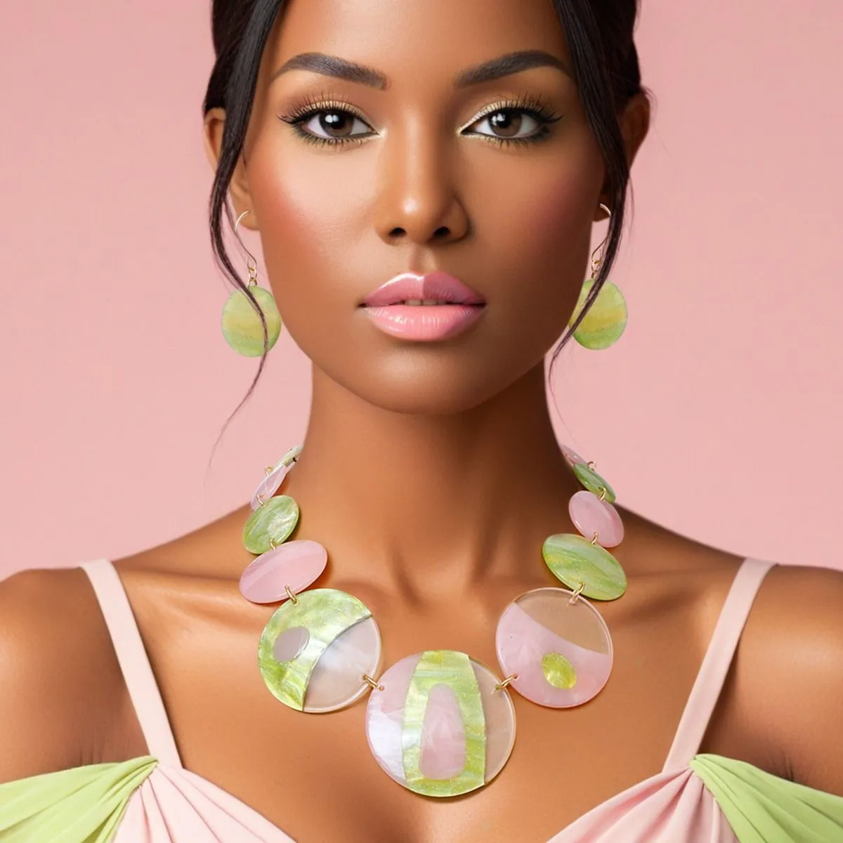 Pink Green Disc Collar Necklace for Women