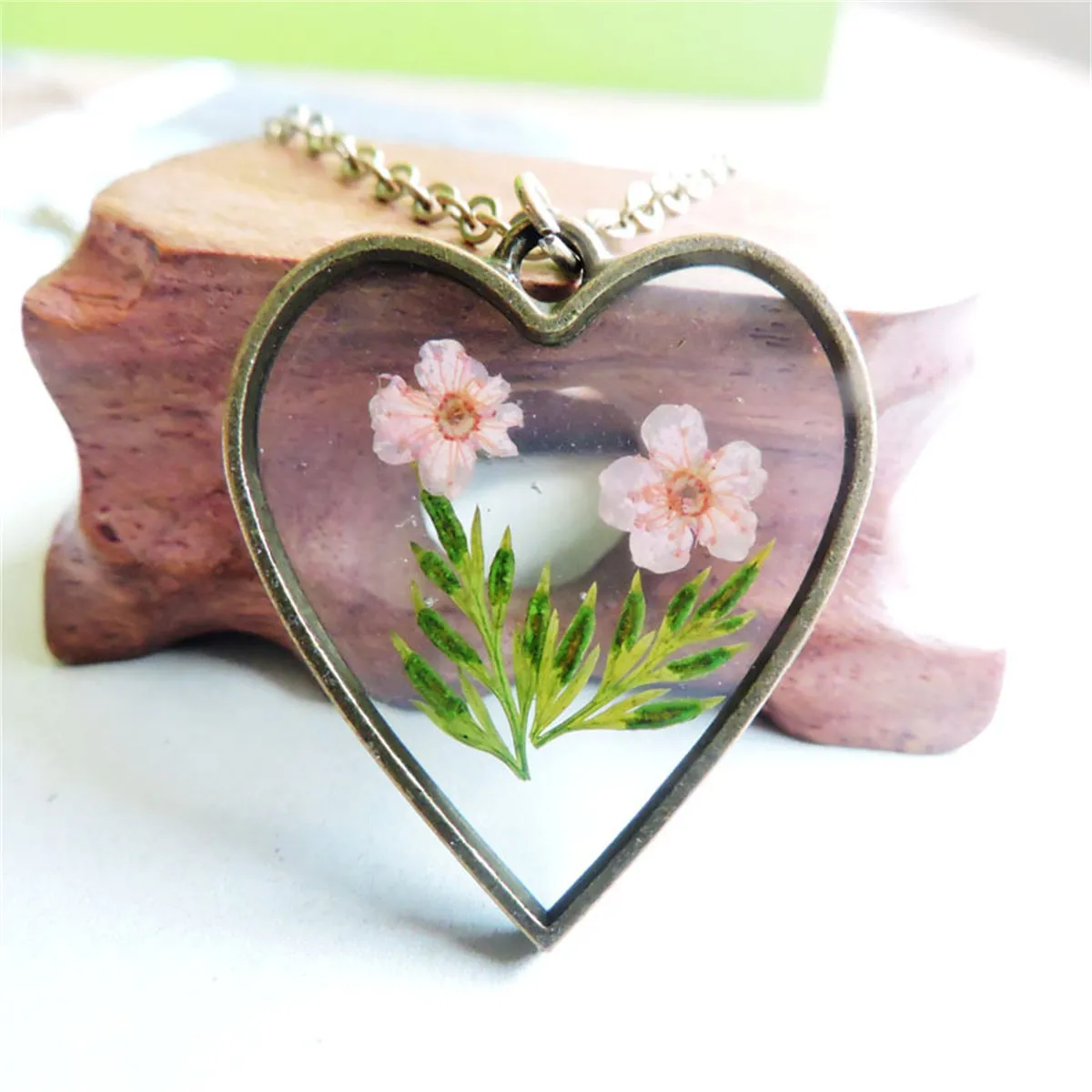 Pink Pressed Flower & 18K Gold-Plated Heart Pendant Necklace