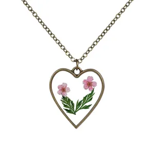 Pink Pressed Flower & 18K Gold-Plated Heart Pendant Necklace