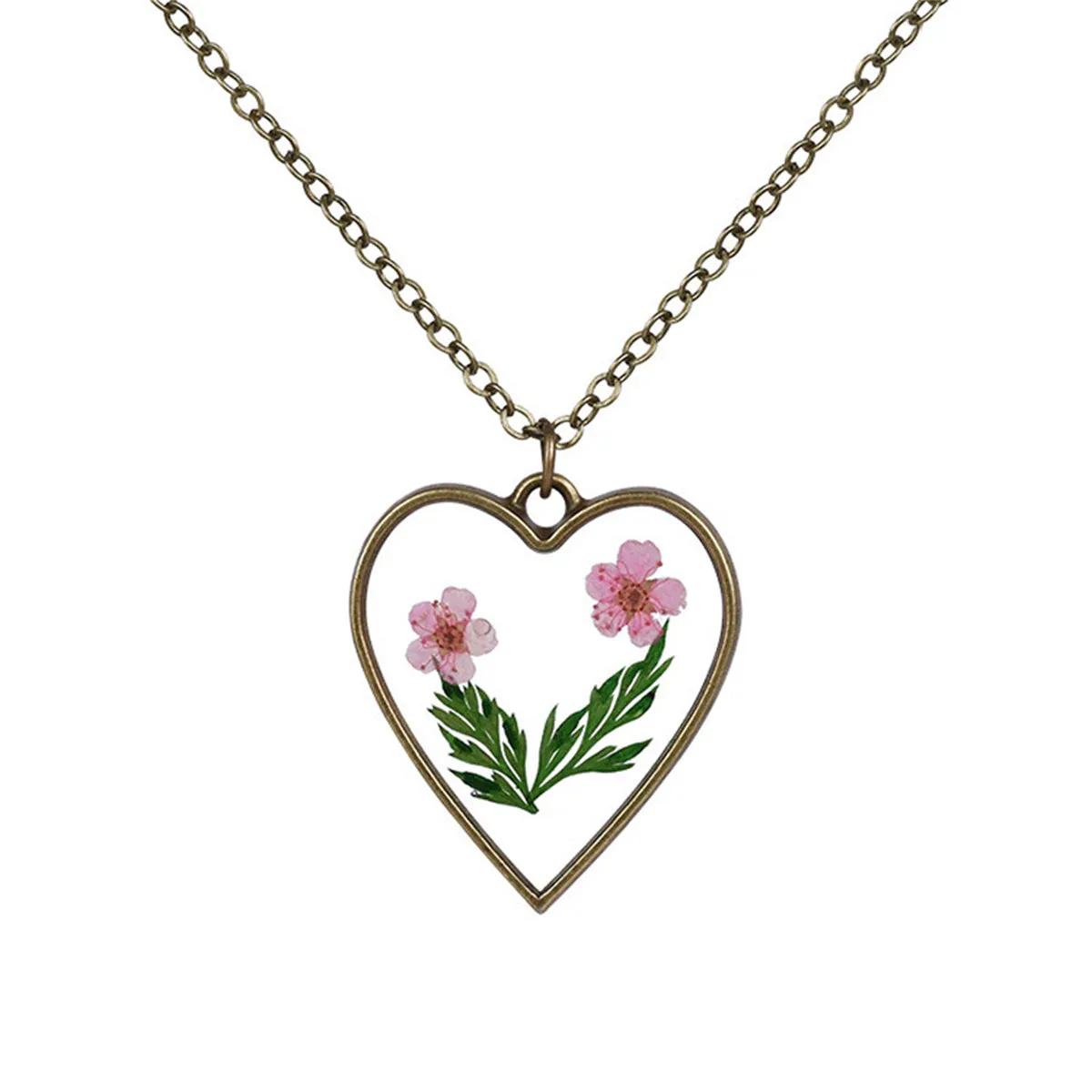 Pink Pressed Flower & 18K Gold-Plated Heart Pendant Necklace