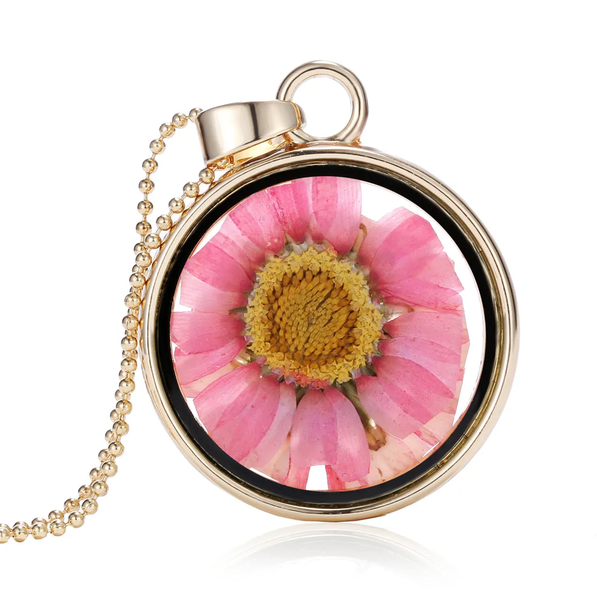 Pink Pressed Mum & 18K Gold-Plated Round Pendant Necklace
