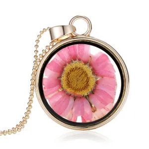 Pink Pressed Mum & 18K Gold-Plated Round Pendant Necklace
