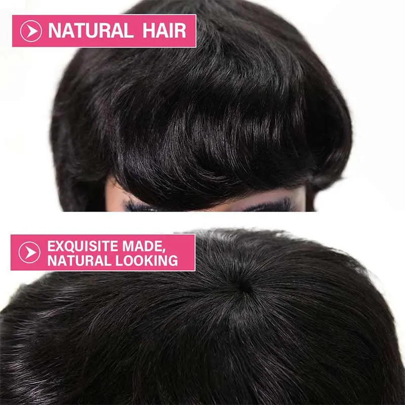 Pixie Cut Wigs With Bangs Short Black Layered Human Hair Black Wig For Women