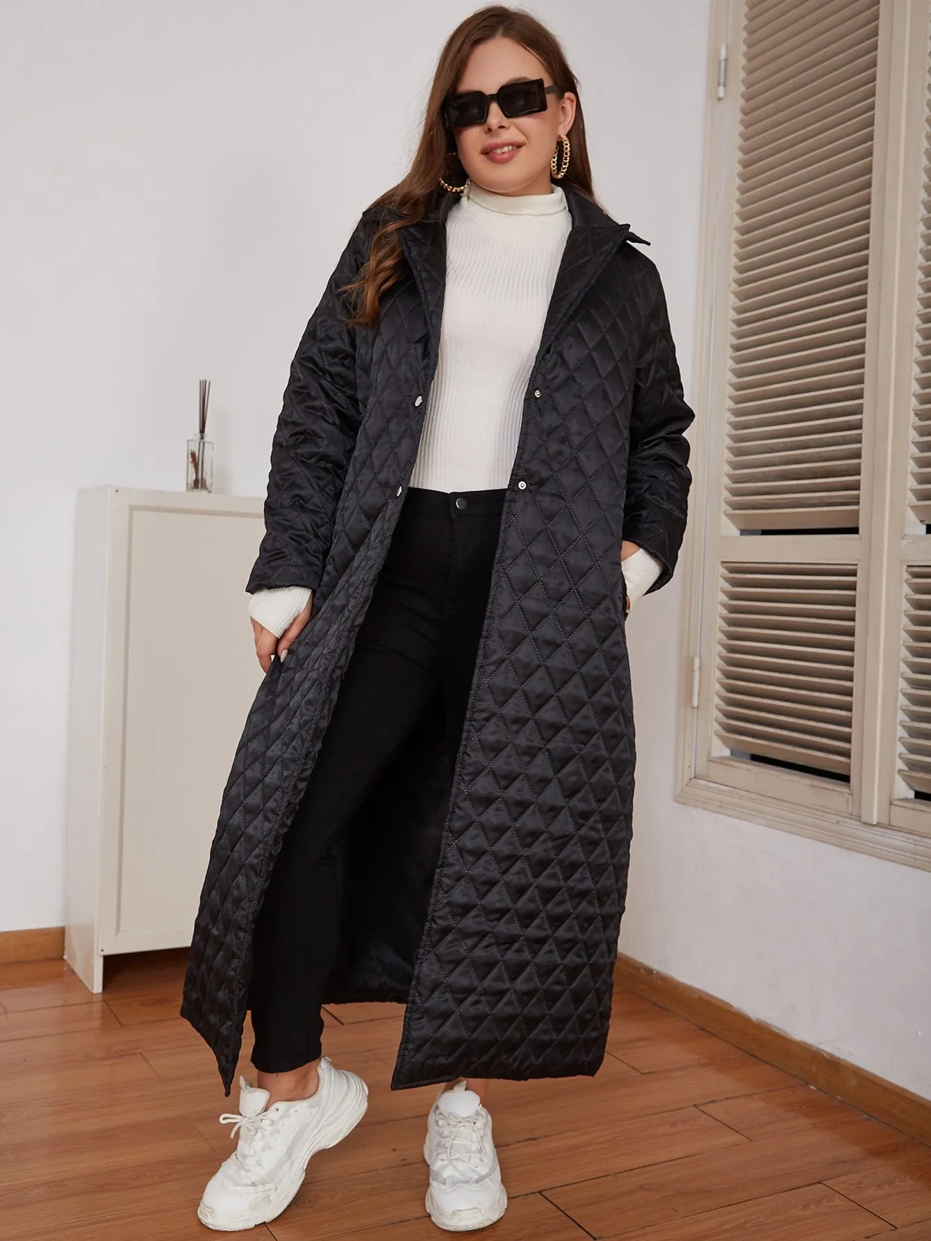 Plus Size Snap Front Lapel Collar Quilted Duster Coat