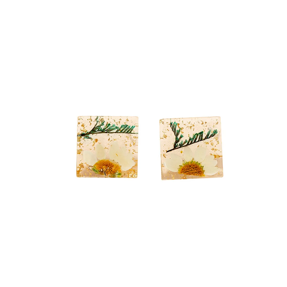 Pressed Flower & Silver-Plated Square Stud Earrings