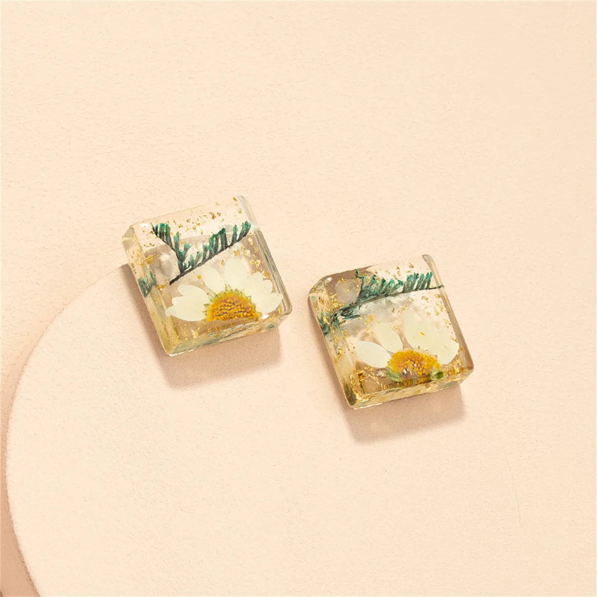 Pressed Flower & Silver-Plated Square Stud Earrings