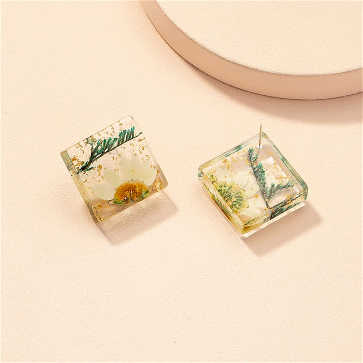 Pressed Flower & Silver-Plated Square Stud Earrings