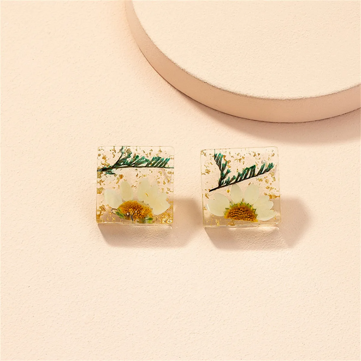 Pressed Flower & Silver-Plated Square Stud Earrings