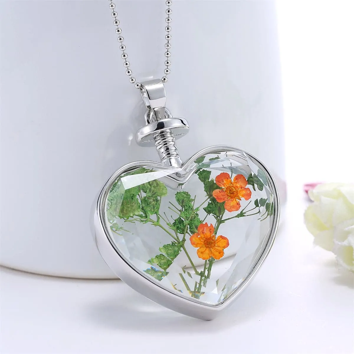 Pressed Peach Blossom & Silver-Plated Heart Pendant Necklace