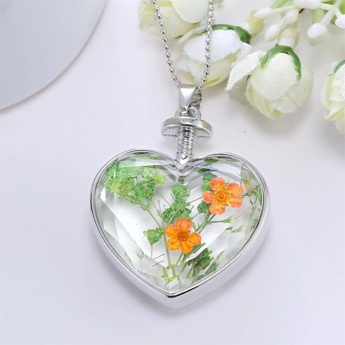 Pressed Peach Blossom & Silver-Plated Heart Pendant Necklace