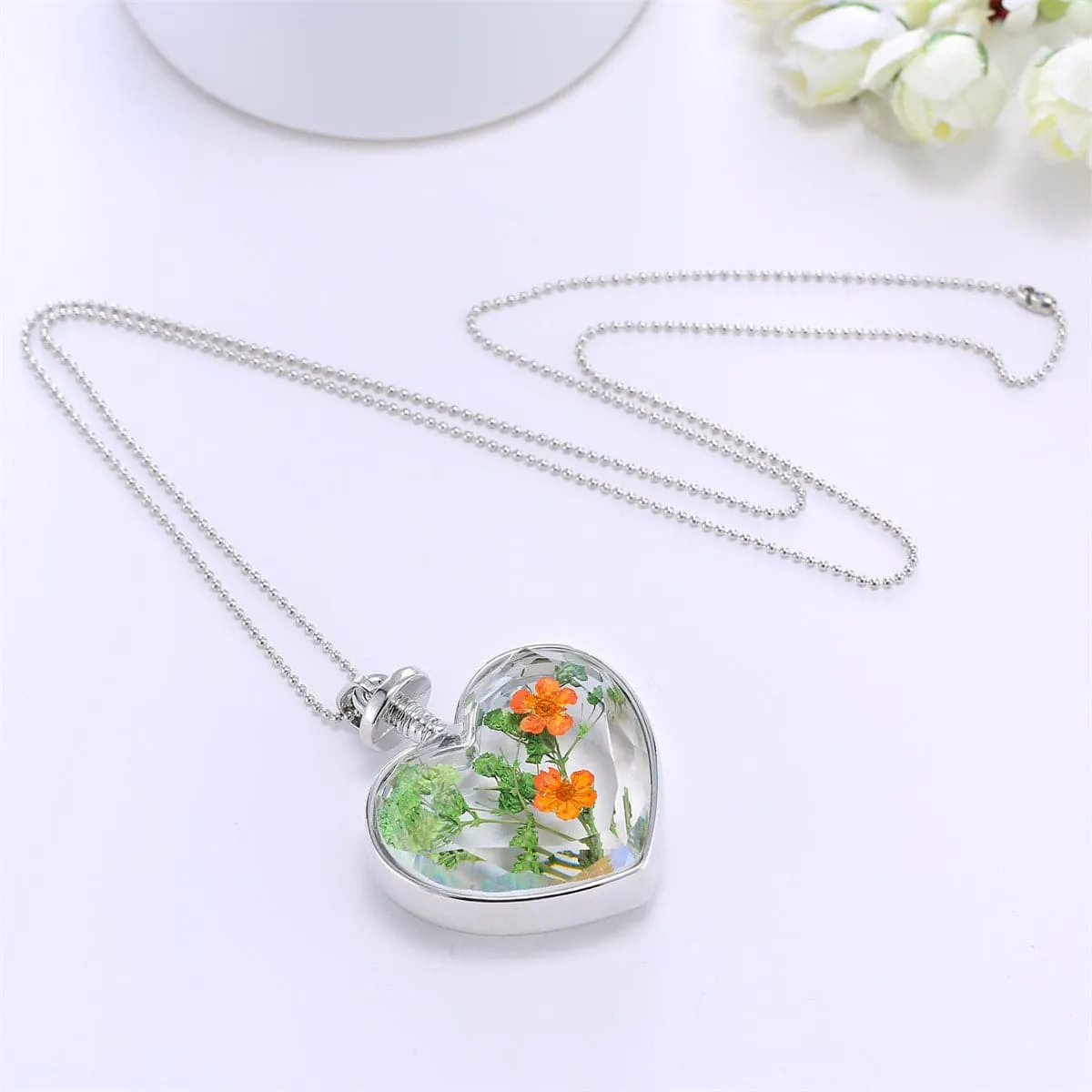 Pressed Peach Blossom & Silver-Plated Heart Pendant Necklace