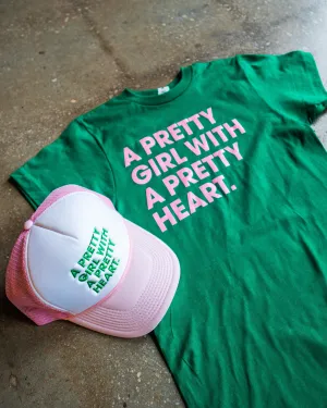 Pretty Girl, Pretty Heart Adult Box T-Shirt & Light Pink/White Trucker Bundle