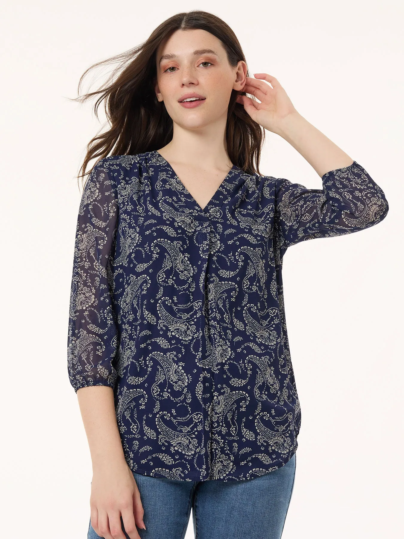 Print V-Neck Pleated Kelly Blouse, Chiffon