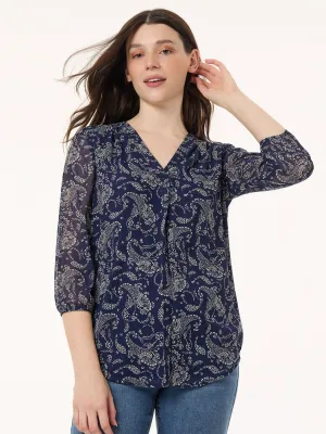 Print V-Neck Pleated Kelly Blouse, Chiffon