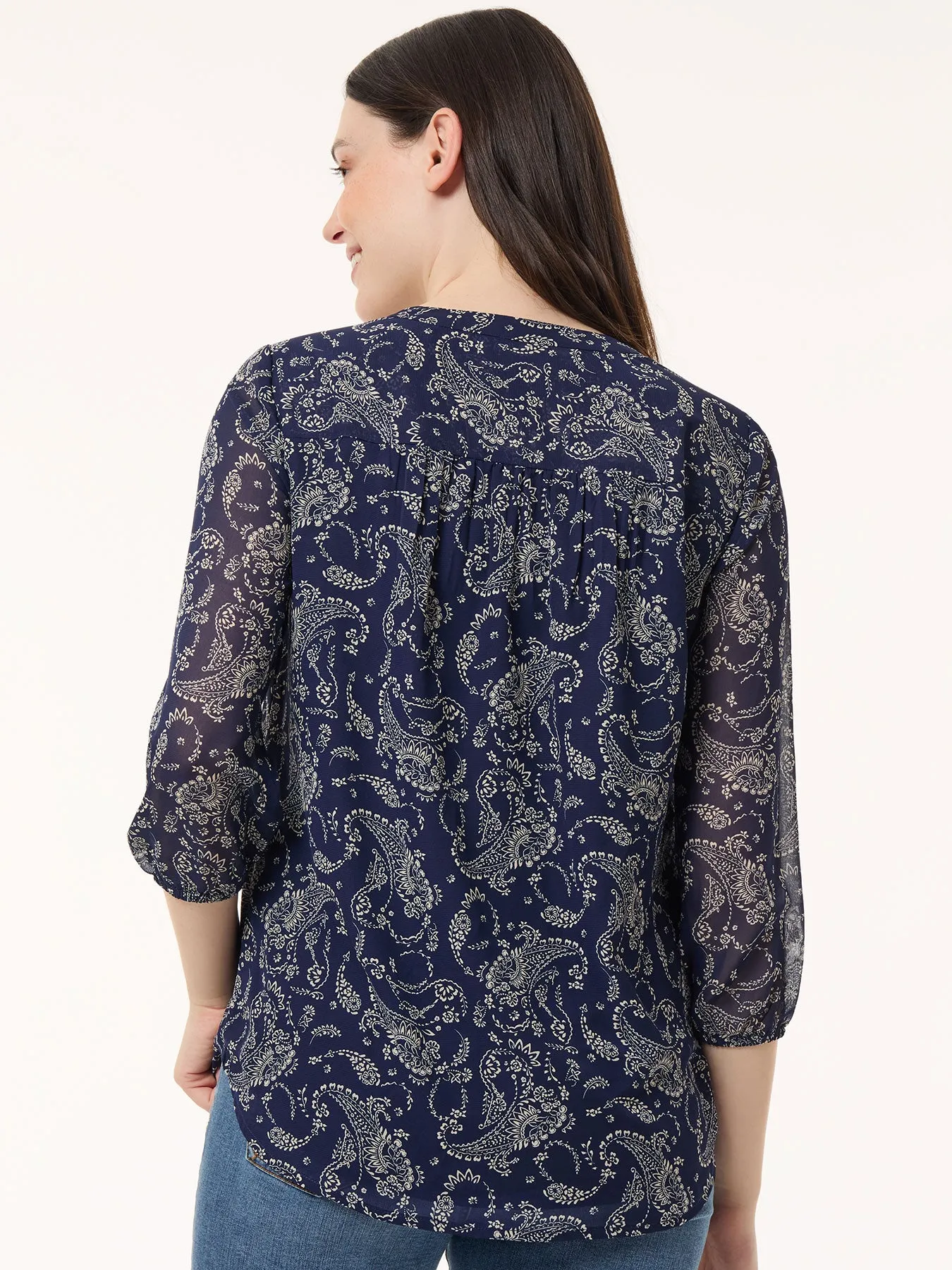 Print V-Neck Pleated Kelly Blouse, Chiffon