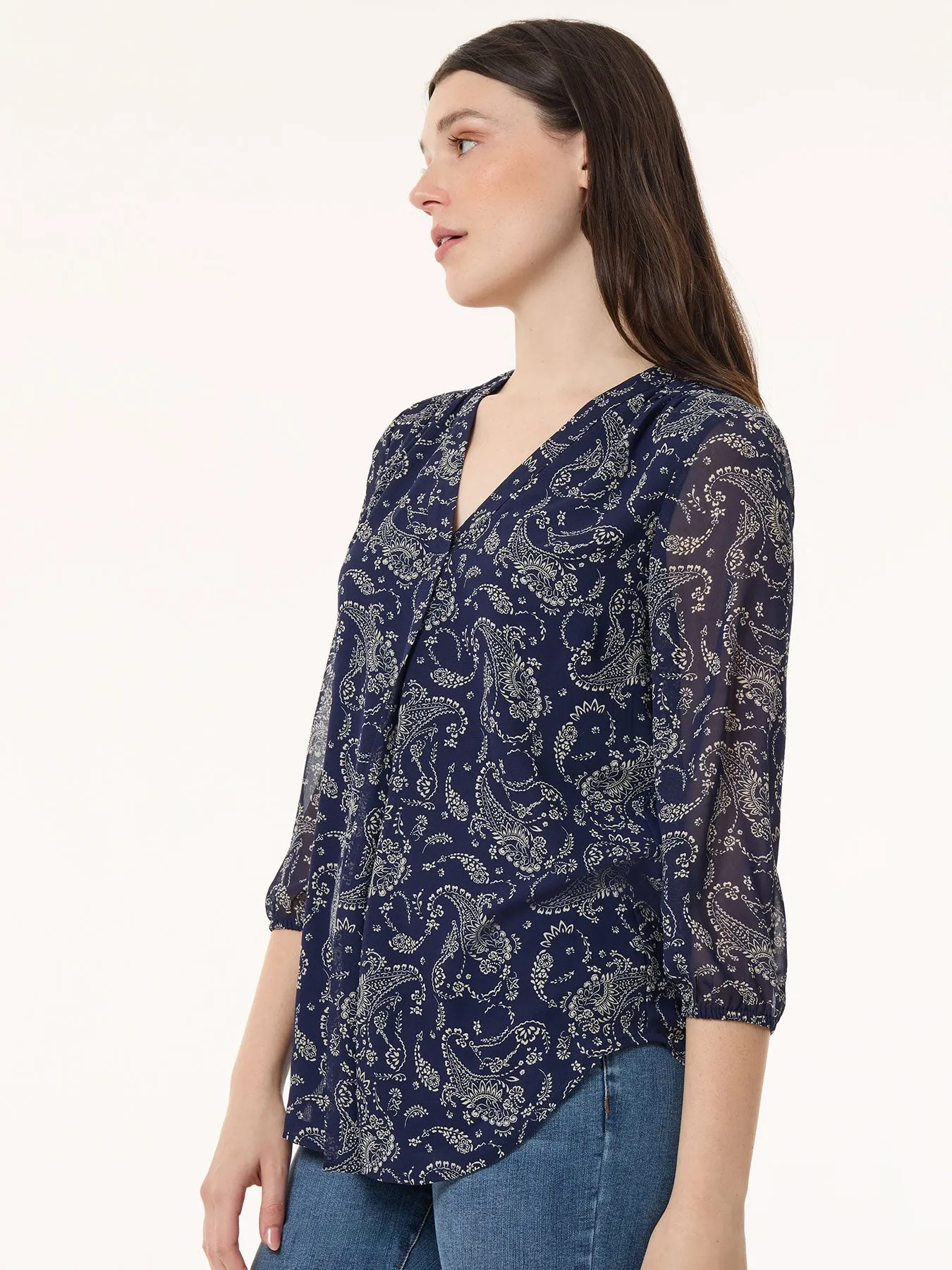 Print V-Neck Pleated Kelly Blouse, Chiffon