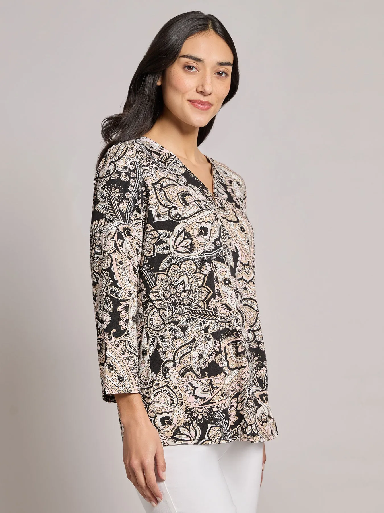 Printed Keyhole Neckline Top, Moss Crepe
