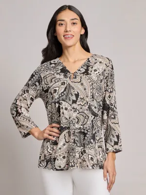 Printed Keyhole Neckline Top, Moss Crepe