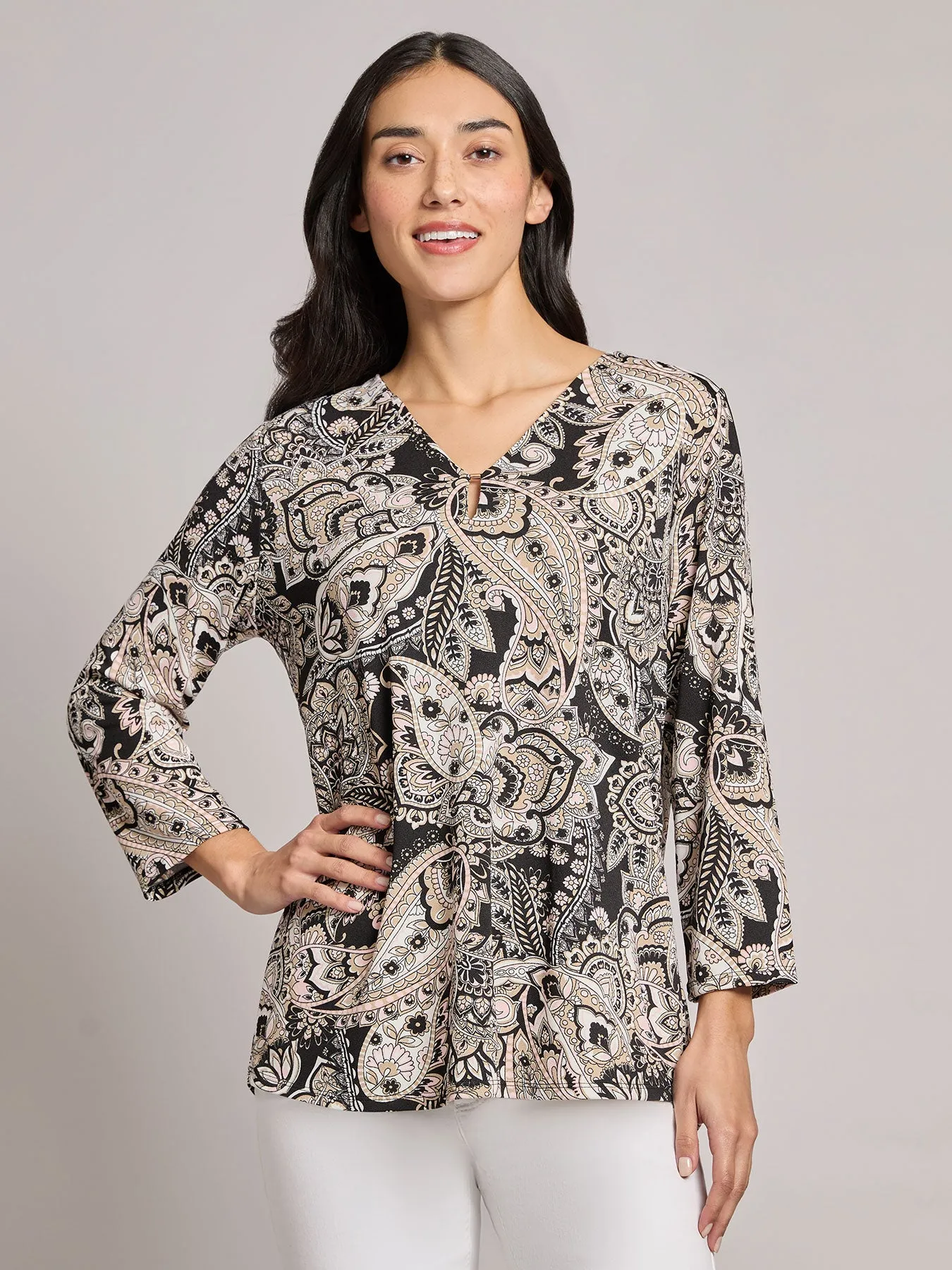 Printed Keyhole Neckline Top, Moss Crepe